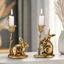 Havawish 2 Pcs Easter Bunny Taper Candle Holder Vintage Gold Bunny Decorations Rustic Candlesticks Pedestal Rabbit Centerpieces Decor for Easter Home Mantle Table