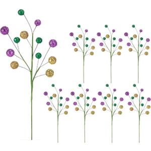 3 x 8 Pcs Carnival Decorations,15" Carnival Glitter Tree Picks Stems Ornaments Table Centerpieces Decor, Artificial Purple Gold Green Berry Flowers Branches Sprays for Carnival Party Home Decor