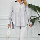 Women's Smocked Cuffed Striped Boyfriend Shirts Button Down Casual Collar Long Sleeve Blouse Shirt Tops (Blue, XXL)