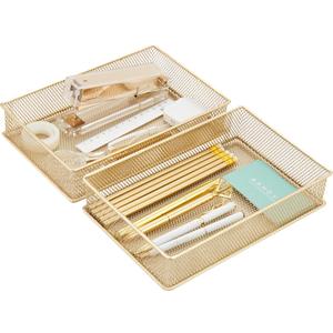 Annova Mesh Stackable Drawer Cabinet and Shelf Organizer Bins Storage Basket School Office Supply Holder Tray- Set of 2 (Gold, 6x9x2 Inch)