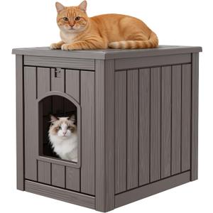 Outdoor Cat House Weatherproof, Resin Cat Houses for Outdoor Indoor Cats, Cat Box Enclosure, Cat Bed Easy to Assemble & Clean, Grey