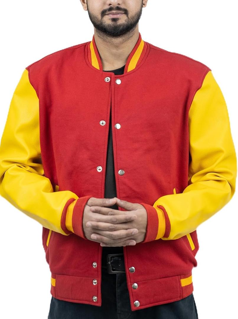 Men's Fashion Varsity Jacket Causal Slim Fit Wool Letterman Baseball Bomber Jackets (Red, M)