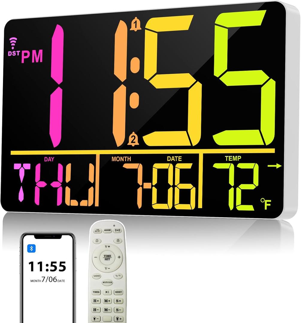 13" Bluetooth Auto Sync Wall Clock- Large Digital Alarm Clock with Remote, RGB Color Changing, 25 Ringtones, Adjustable Brightness, Auto DST, for Living Room, Kitchen, Office, Elderly