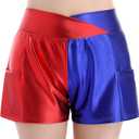 Women's Metallic Shiny Shorts Sparkly Hot Dance Bottoms Elastic Waist Short Pants Rave Festival Outfits with Sunglasses Red+Blue X-Large