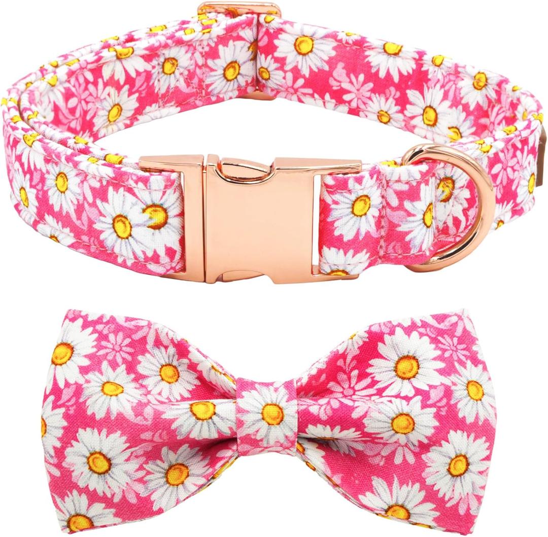 Tunkoo Pink Daisy Dog Collar with Cute Flower Bow Tie, Adjustable Premium Cotton Collar Durable Metal Buckle for Small Medium Large Boys Girls Dogs, S