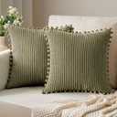 ANRODUO Pack of 2 Olive Green Boho Decorative Pillow Covers with Pom-poms Pillow Covers 18x18 Corduroy Cushion Case Cute and Soft Square Throw Pillows for Bed Couch Living Room Fall Home Decor
