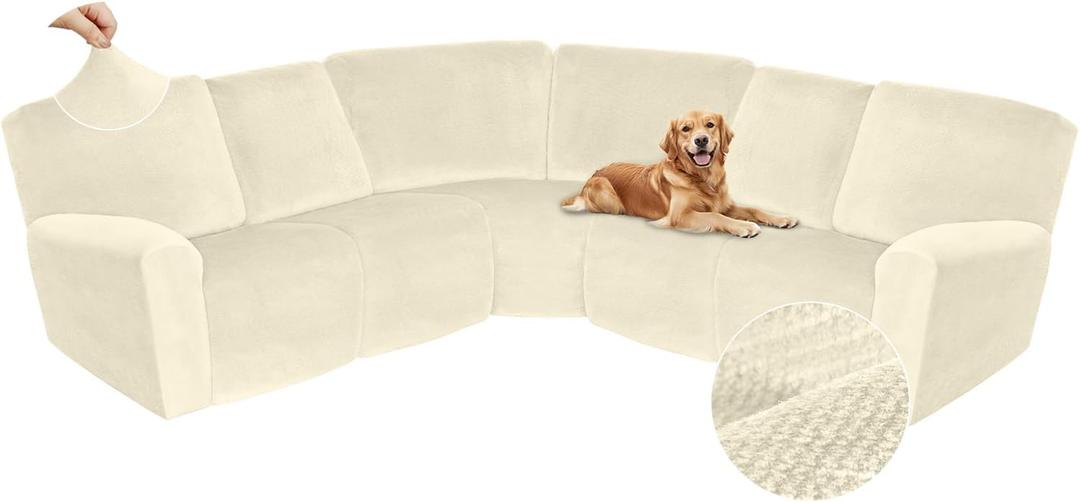 Arfntevss Sectional Recliner Couch Covers Velvet Corner Sectional Sofa Cover for Reclining Couch Stretch Soft L Shape Recliner Slipcover Thick U Shaped Washable Protector (5 Seat Cover, Beige)