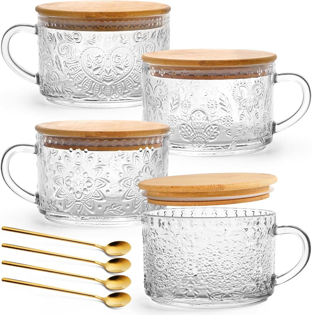YORY 4-Pack Vintage Glass Mugs with Bamboo lids and Spoons Coffee Tea Cups Gifts for Women Overnight Oats Containers 14oz