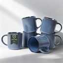 MONITO 16Oz Coffee Mugs Set of 6, Rustic Ceramic Coffee Cups Set with Large Handle, Vintage Striped Stoneware Coffee Mugs for Latte, Cocoa, Tea, Milk, Microwave & Dishwasher Safe, Deep Blue