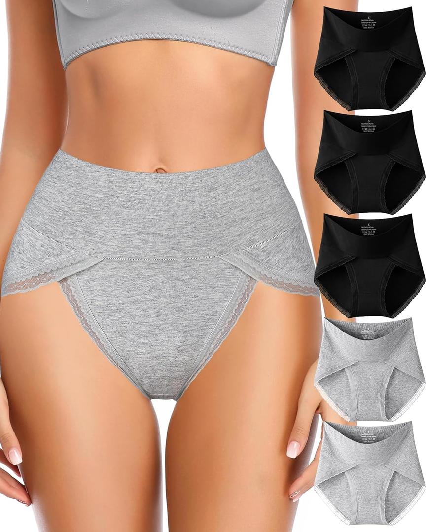 UMMISS Cotton Underwear for Womens High Waisted Slight Tummy Control High Cut Panties Full Coverage Ladies Briefs 5 Pack (Large, C-black*3, Grey*2-5 Pack)