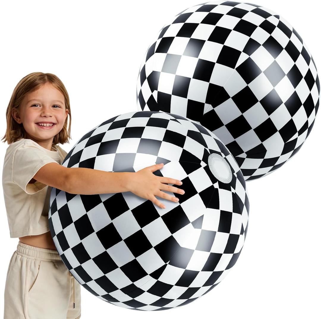 2 Pack 20-Inch Diameter Race Car Themed Beach Balls - Large Inflatable Black and White Checkered Beach Balls for Birthday Party Decorations, Summer Pool and Beach Game, and Bulk Party Favors