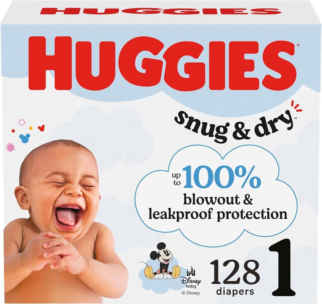 Huggies Size 1 Diapers, Snug & Dry Newborn Diapers, Size 1 (8-14 lbs), 128 Count, Packaging May Vary
