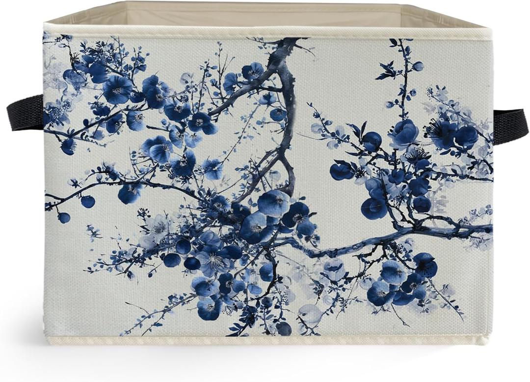 Chinoiserie Blue Floral Storage Box Bins, Blue and White Oriental Flower Tree Collapsible Storage Basket Organizer for Bedroom Laundry Room Home Clothes Toys Books, Toybox for Girls