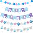 Fanfanwin 5 Pcs Snowflake Happy Birthday Banner Blue Snowflake Banner with Felt Castle Decorations Winter Holiday Party Decorations for Birthday Christmas