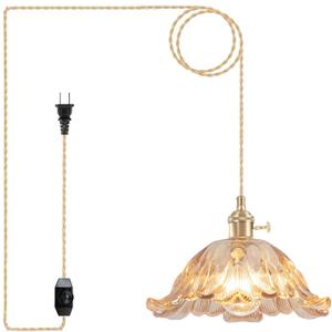 Plug in Pendant Light Fixtures,Hanging Light Fixture Flower Amber Glass Pendant Light 11 inch E26 Pendant Lighting for Kitchen Island, Bedroom, Dining Room, Living Room