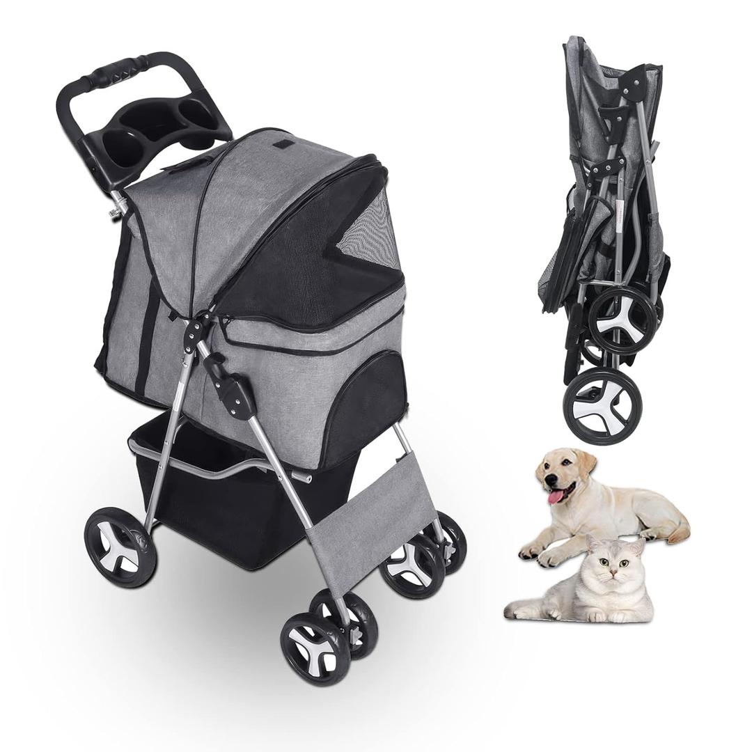 Pet Stroller for Medium Small Dogs, Foldable 4 Wheels Dog Strollers, Lightweight Pet Travel Cat Stroller, with Safety Belt Storage Basket Cup Holder for Dogs Cats Puppy 33lbs Capacity Grey