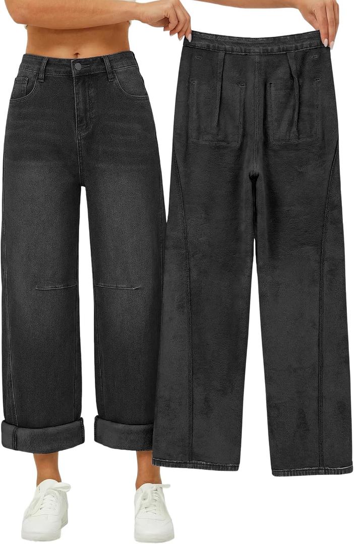 EMMIOL Fleece Lined Jeans Women Baggy, Wide Leg Denim Pants Winter Warm Loose Fit Flannel Lining Y2K Boyfriend Womens (Black, L)