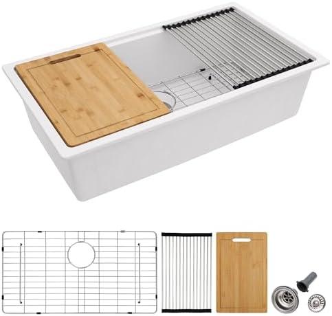 Fulorni 30"x19" Granite Composite Kitchen Sink - White Undermount Ledge Workstation Quartz Classic Under Counter Single Bowl Basin