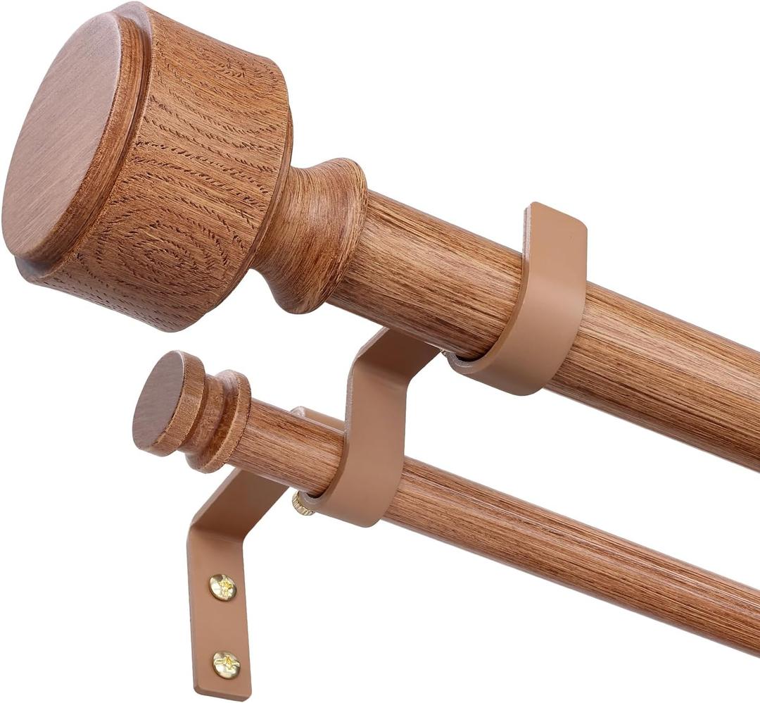 Wood Double Curtain Rod 36 to 124 Inch, Boho Decorative 1" Long Dual Curtain Rods for Windows, Adjustable Heavy Duty Farmhouse Double Drapery Pole with Modern Faux Wood Grain Finials