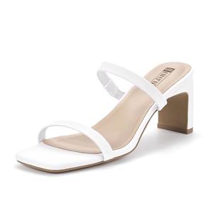 IDIFU White Chunky Heels - Women's Low Block Slides, Open Toe, Two Strap, Comfortable, Sexy Wedding Prom Party Dress Shoes, Cute Mule, Short Heels (White PU 9), Size 9