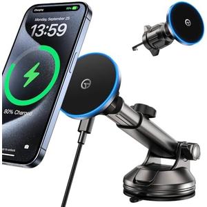 GuMosh for MagSafe Car Mount Charger Dash/Windshield/Vent Wireless Car Charger with [LED Light], Strong Magnetic Phone Holder for Car for iPhone 16 15 14 13 12 Series, Fit MagSafe Accessories