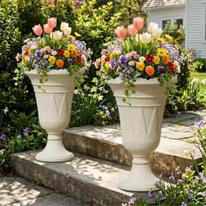 24" Tall Urn Planters for Outdoor Plants, Urns and Pedestal, Beige, 23.62"H x 15.75"W x 19.69"D