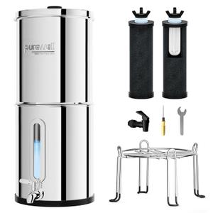 Purewell 2.25G Gravity Water Filter System with Water Level Window, 3-Stage 0.01m Ultra-Filtration Stainless Steel Countertop System with 2 Filters and Stand, Reduce 99% Chlorine, PW-KS (Silver)
