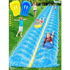 iGeeKid 45Ft Huge Slip and Water Slide with Sprinkler, Heavy Duty Lawn Waterslide for Kids Adults, Extra Long Double Lane Water Toys n Slides with 2 Bodyboards Backyard Lawn Summer Outdoor Water Toys
