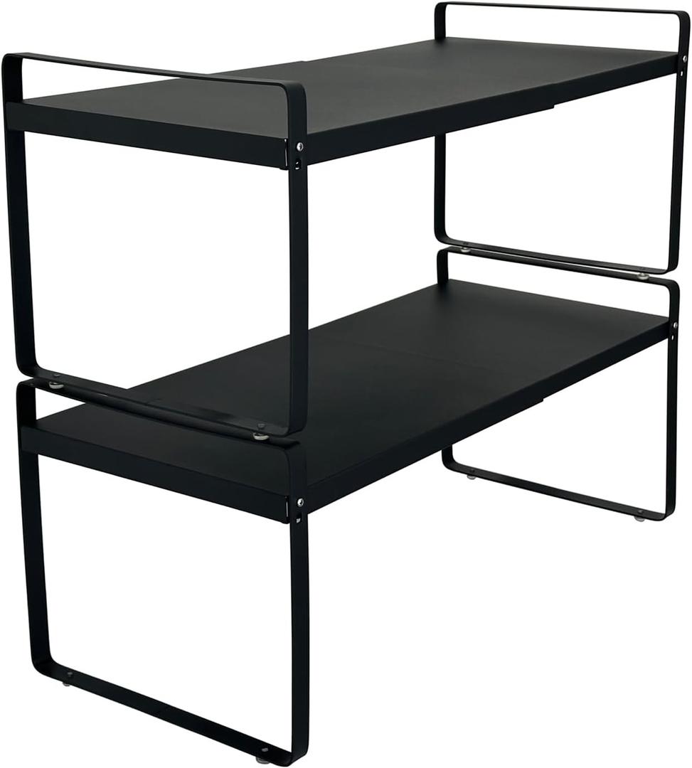 Set of 2 Expandable Cabinet Shelf Organizer, Black Kitchen Countertop Shelves, Stackable Metal Pantry Storage Organizer for Cupboard, Spice Rack (14.1"-25.2"L*11"W*10.2"H)