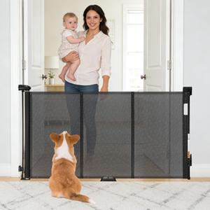 Reinforced 55" Wide Retractable Gate with Reinforced Strips, Indoor/Outdoor Retractable Dog Gate for Doorway Prevent Bottom Drilling Through, Safety Mesh Gate, Black (34 x 55 Inch)