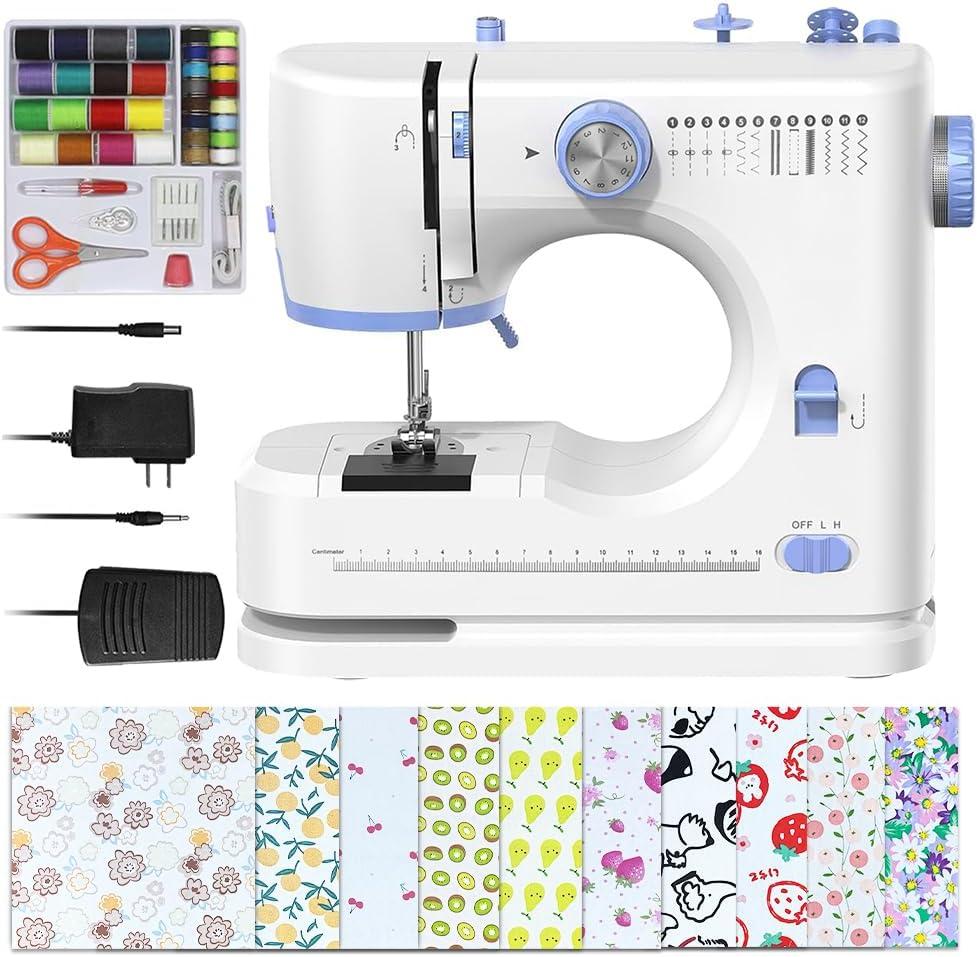 Sewing Machine for Beginners with 20Pcs Fabric & 32Pcs Sewing Threads Kit,Portable Sewing Machine with 12 Built-in Stitches & 2 Speed(High-Low Speeds) - White&Blue
