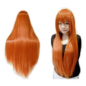 ANOGOL Hair Cap+32 in/ 80 cm Long Straight Orange Wig with Bangs Synthetic Hair Peluca Naranja Cosplay Wigs for Anime Cosplay Wig Long Ginger Wigs with Bangs for Halloween Women Ginger Costume Wigs