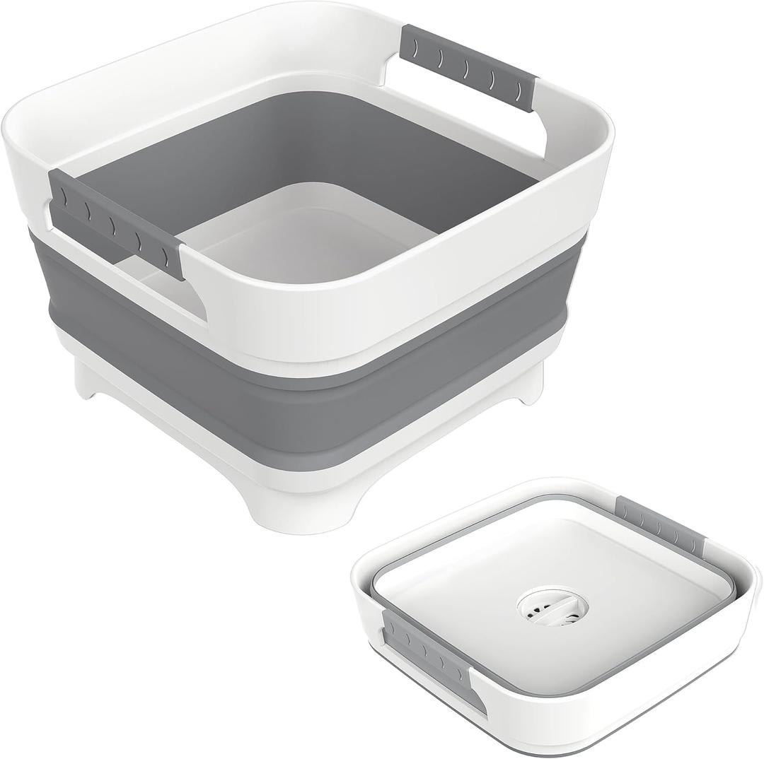 2.4 Gal Collapsbile Wash Basin with Drian Plug,9L Dish Pan for Soaking Baby Bottles,Portable Sink, Multiuse Foldable Bucket,Ice Beverage Tubs for Camping, Vegetable Washing, RV (Gray)