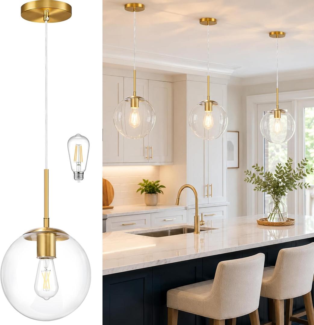 KoKo&Yukina 10" Modern Globe Pendant Light Mid-Century Gold Pendant Lights Kitchen Island Height Adjustable Clear Glass Pendant Light Fixture for Dining Room Bedroom Hallway Entryway Sink Bulb Incl.