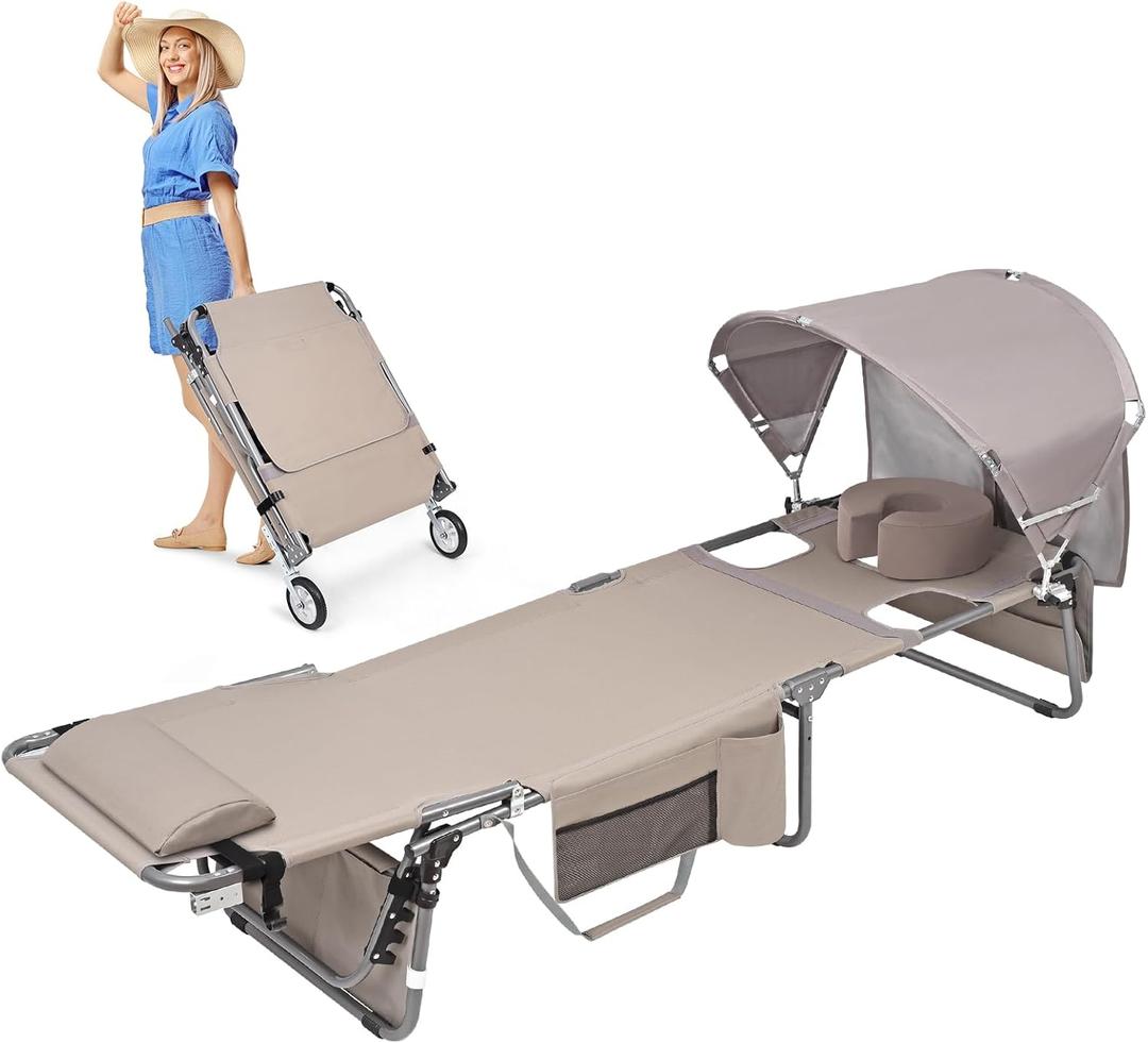 Wheel-To-Go Tanning Chair with Wheels Sun Canopy Umbrella Face Hole Thicker Washable Adjustable, Heavy Duty Folding Lay Flat Sun Lounge Chair Beach Outside Sunbathing Reading, UPF 50+ (Patent Design) (Beige)