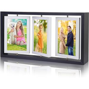 ZEEYUAN 4x6 Desk Picture Frame Rotating Double-Sided Picture Frame, 4x6 Tabletop Wooden Collage Family Pictures Frame for Office Desktop Home Decor, Holds 6 Photos, Black
