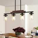 Pendant Lights Kitchen Island, 4-Light Farmhouse Chandeliers for Dining Room, Black Linear Chandelier with Clear Glass Shades, Modern Rustic Wood Chandelier with Adjustable Height