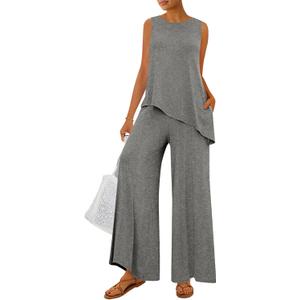 PRETTYGARDEN Women's 2026 Two Piece Matching Lounge Sets Asymmetrical Split Tank Tops Wide Leg Pants Summer Outfits Tracksuit (Gray, M)