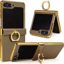 Genuine Leather Case for Samsung Galaxy Z Flip, Military-Grade Drop Protection, Hinge Protection Cover with Ring Kickstand, Gold Trim (Dark Gray, Z Flip7 FE)