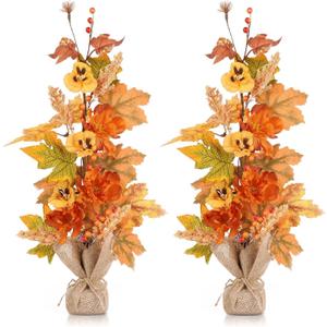 YLOLUL 2 Pcs 24 Inch Artificial Fall Tree Tabletop Decorations, Fake Berry Maple Leaf Thanksgiving Table Centerpieces for Autumn Harvest Wedding Holiday Party Home Fireplace Mantle Decor