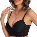 Low Cut Lace Backless Underwire Padded Push Up Plunge Bra Comfort Low back Bralette Convertible Strap (36C, Black)