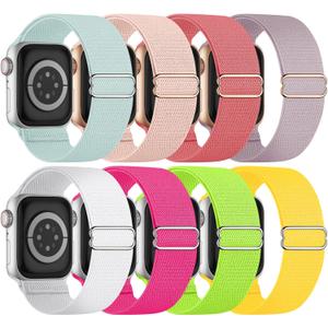 8 Pack Stretchy Solo Loop Band Compatible with Apple Watch Bands for Women Men Nylon Braided Elastic Strap for iWatch (Yellow/Hot Pink/Succulent/Lavender/Light Pink/Bright Green/White/Peach Red), Size: 38mm/40mm/41mm/42mm(Series 10)