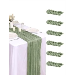 FUANGUI 6 Pack 35x120 Inches Sage Green Cheesecloth Table Runner 10Ft for Baby Shower Wedding Birthday Decoration, Easter Table Runner, Boho Gauze Fabric Rustic Romantic Cheese Cloth Table Runner