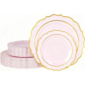 120PCS Pink Plastic Plates, Disposable Elegant Party Plate with Gold Rim, Heavy Duty 60 Dinner and 60 Dessert Fancy Plates for Party and Wedding