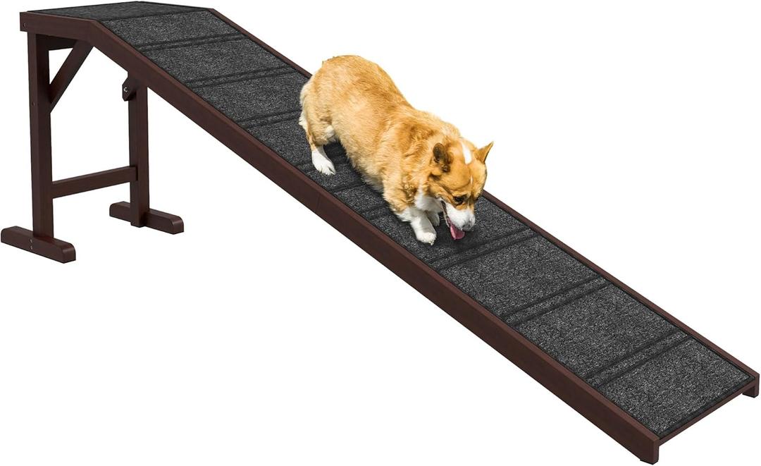 74" Wood Pet Ramp with Folding Design & Top Landing Platform, Long Gentle Slope Dog Ramp with High-Traction Carpet for Beds, Folding Dog Ramp for Truck