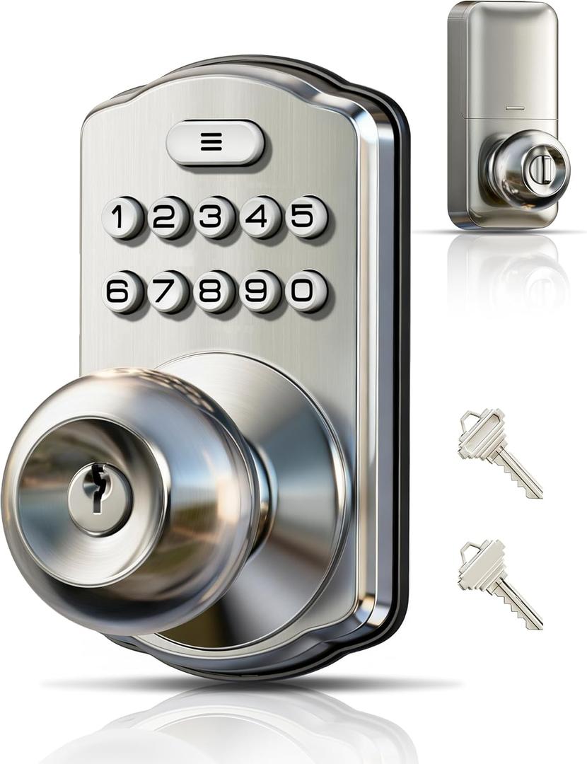 Veise Keypad Door Knob Lock, Keyless Entry Digital Lock with Handle, Electronic Smart Knob for Front Door & Bedroom, Easy Install, Auto Lock, Passage Mode, Anti-Peeping Password, Satin Nickel