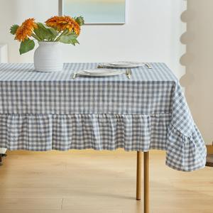 Blue Gingham Tablecloth, 100% Washed Cotton, Classic Vintage Decorative Table Cover, Buffalo Plaid Checkered Ruffled Table Cloth for Kitchen Dining Room Party (Rectangle, 70 x 52 in)