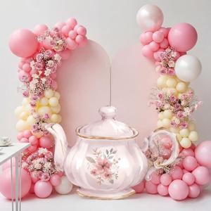 Colingmill Tea Party Decorations Teapot Cardboard Cutout 35.4 x 24.6 Inch Pink Floral Tea Party Baby Shower Let's Partea Photography Background for Women Birthday Bridal Decorations