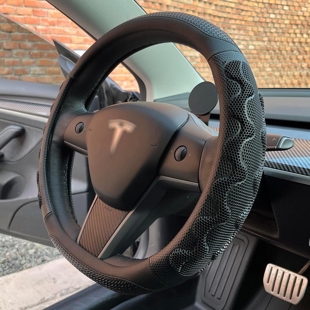 PINCTROT Great Grip Steering Wheel Cover for Tesla Model Y/3 2016-2025 2026 Standard/Highland/Juniper, D Shaped 14 Inch Small Sized, Flat Bottom with 3D Honeycomb Anti-Slip Design (Great Grip Black)