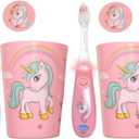 Lily's Home Kids Flashing Timer Toothbrush with Soft Bristles, Rising Cup & Cover - Fun 2-Min Light-Up Brushing for Children - Toddler Toothbrush Kit (Unicorn) - Set of 2